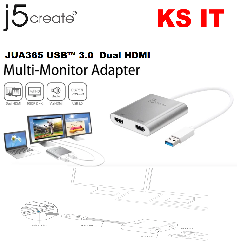 J5 create jua365 usb3 0 to 4k hdmi 2k hdmi dual display adapter